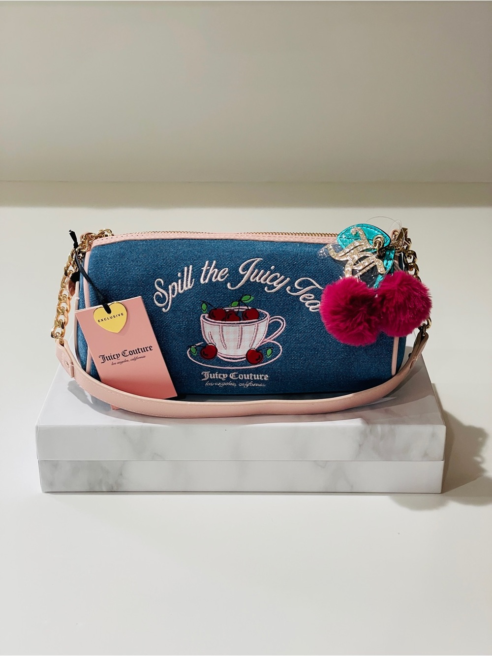 Juicy Couture Sweet Tea Party Denim Blue & Pink with Pom-Pom Charm Barrel Bag